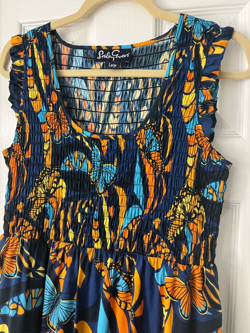 Lesley Evers Nadia Monarch Butterfly Smocked Tiered Midi Dress Pockets - Picture 4 of 8